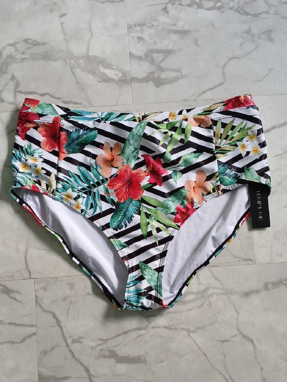 Tempt Me Floral Stripe High-Waist Bikini Bottom with Pockets
